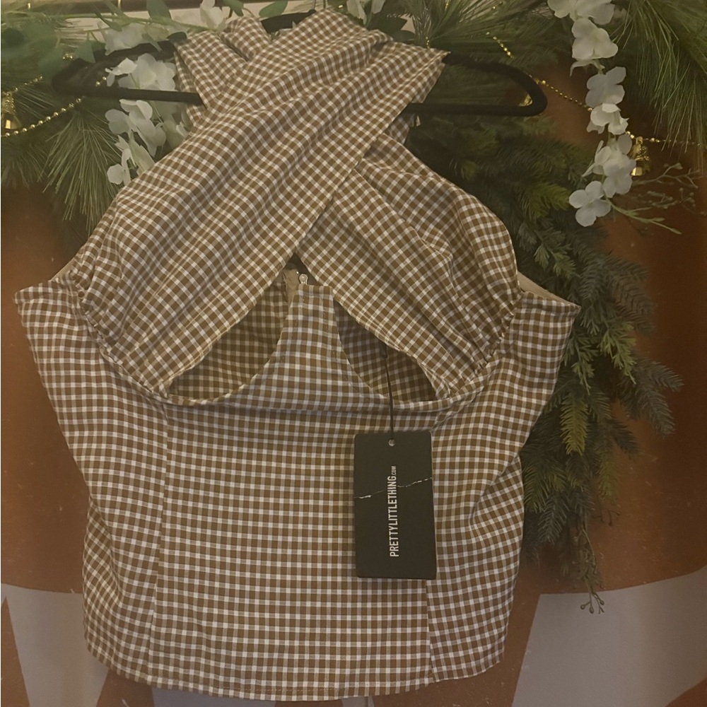 PrettyLittleThing Brown Gingham Halter Top
